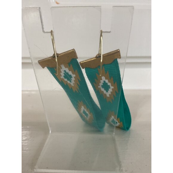 Turquoise & Gold Southwestern Aztec Style Ribbon Earrings With Hook Backings - Picture 3 of 4